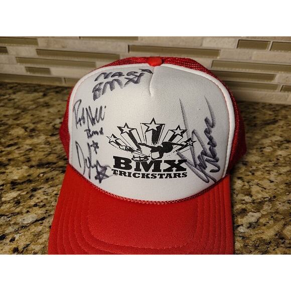 Rare Vintage Red & White Meshback BMX Trickstars Snapback Hat Autographed Auto - Picture 2 of 11